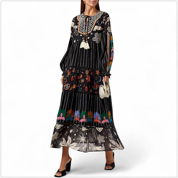 Farm Rio Long Black Mixed Prints Embroidered Maxi Dress Bohemian Boho NEW NWOT S - Picture 5 of 10